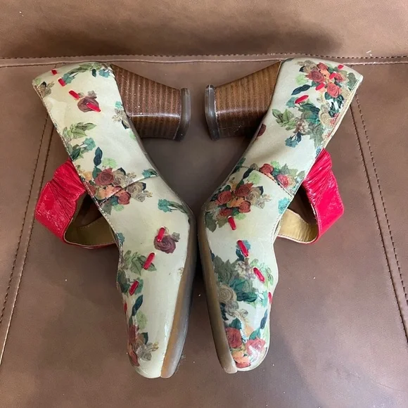 Fluevog Floral Mary Jane Heels with Red Strap - Picture 5 of 8